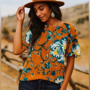 H&M mustard floral chiffon top ❤️size 4